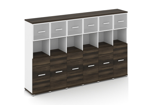 Шкаф шесть узких секций 4 ниши (6 фасадов ЛДСП, 2 ниши + 6 фасадов стекло белое матовое в раме, 1 ниша) Динен, цвет дуб мали-белый