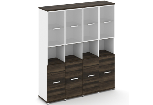 Шкаф четыре узкие секции 5 ниш (4 фасада ЛДСП, 2 ниши + 4 фасада стекло белое матовое в раме, 2 ниши) Динен, цвет дуб мали-белый