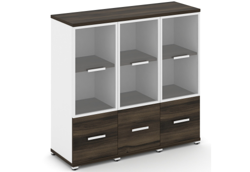 Шкаф три узкие секции 3 ниши (3 фасада ЛДСП, 1 ниша + 3 фасада стекло прозрачное в раме, 2 ниши) Динен, цвет дуб мали-белый