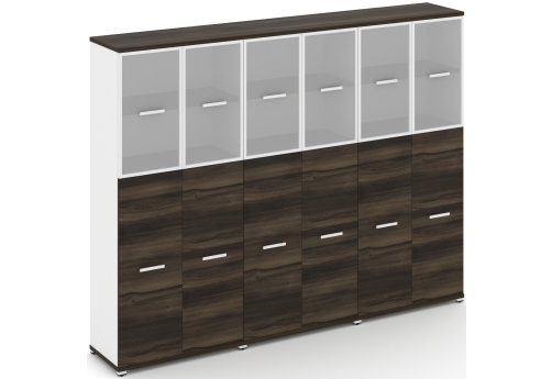 Шкаф три широкие секции 5 ниш (6 фасадов ЛДСП, 3 ниши + 6 фасадов стекло белое матовое в раме, 2 ниши) Динен, цвет дуб мали-белый