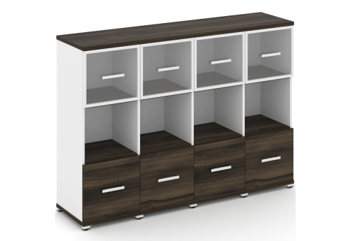 Шкаф четыре узкие секции 3 ниши (4 фасада ЛДСП, 1 ниша + 4 фасада стекло прозрачное в раме, 1 ниша) Динен, цвет дуб мали-белый