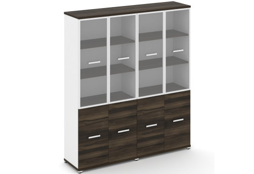 Шкаф две широкие секции 5 ниш (4 фасада ЛДСП, 2 ниши + 4 фасада стекло прозрачное в раме, 3 ниши) Динен, цвет дуб мали-белый