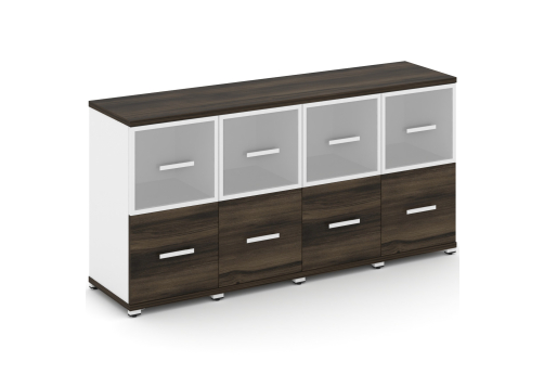 Шкаф четыре узкие секции 2 ниши (4 фасада ЛДСП, 1 ниша + 4 фасада стекло белое матовое в раме, 1 ниша) Динен, цвет дуб мали-белый