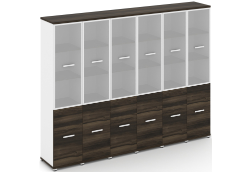 Шкаф шесть узких секций 5 ниш (6 фасадов ЛДСП, 2 ниши + 6 фасадов стекло белое матовое в раме, 3 ниши) Динен, цвет дуб мали-белый