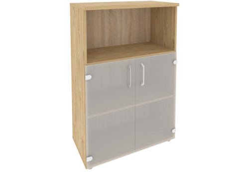 Шкаф средний широкий (1 открытая полка и 2 полки под стеклом), цвет тиквуд светлый