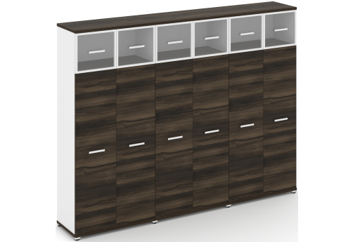 Шкаф три широкие секции 5 ниш (6 фасадов ЛДСП, 4 ниши + 6 фасадов стекло прозрачное в раме, 1 ниша) Динен, цвет дуб мали-белый