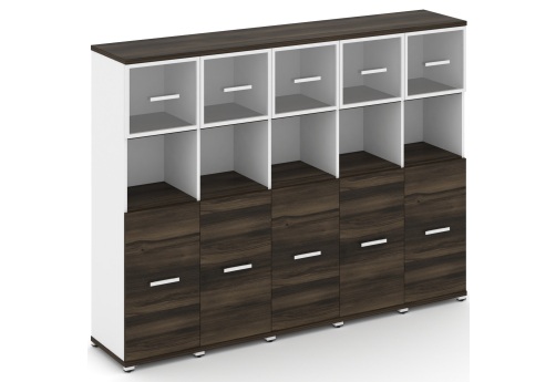 Шкаф пять узких секций 4 ниши (5 фасадов ЛДСП, 2 ниши + 5 фасадов стекло прозрачное в раме, 1 ниша) Динен, цвет дуб мали-белый