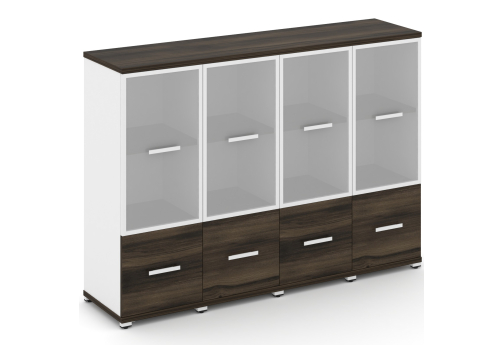 Шкаф четыре узкие секции 3 ниши (4 фасада ЛДСП, 1 ниша + 4 фасада стекло белое матовое, 2 ниши) Динен, цвет дуб мали-белый