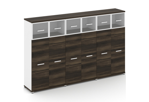 Шкаф три широкие секции 4 ниши (6 фасадов ЛДСП, 3 ниши + 6 фасадов стекло прозрачное в раме, 1 ниша) Динен, цвет дуб мали-белый