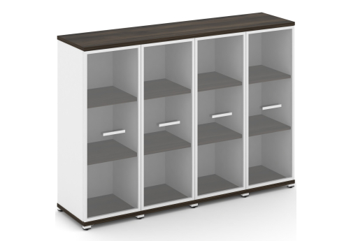 Шкаф четыре узкие секции 3 ниши (4 фасада стекло прозрачное в раме, 3 ниши) Динен, цвет дуб мали-белый