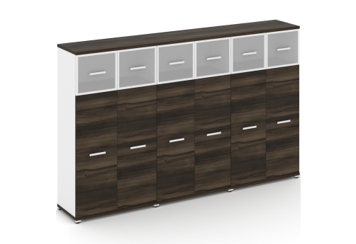 Шкаф три широкие секции 4 ниши (6 фасадов ЛДСП, 3 ниши + 6 фасадов стекло стекло белое матовое в раме, 1 ниша) Динен, цвет дуб мали-белый