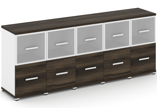 Шкаф пять узких секций 2 ниши (5 фасадов ЛДСП, 1 ниша + 5 фасадов стекло белое матовое в раме, 1 ниша) Динен, цвет дуб мали-белый