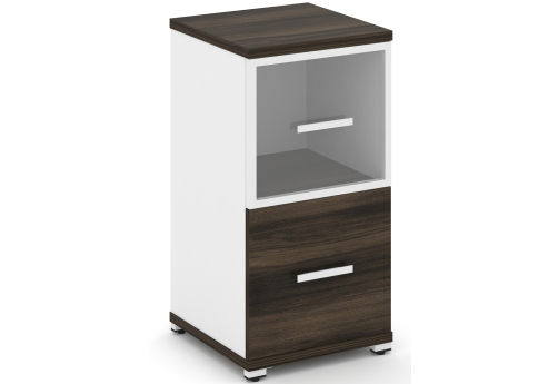 Шкаф одна узкая секция 2 ниши (фасад ЛДСП, 1 ниша + фасад стекло прозрачное в раме, 1 ниша) Динен, цвет дуб мали-белый