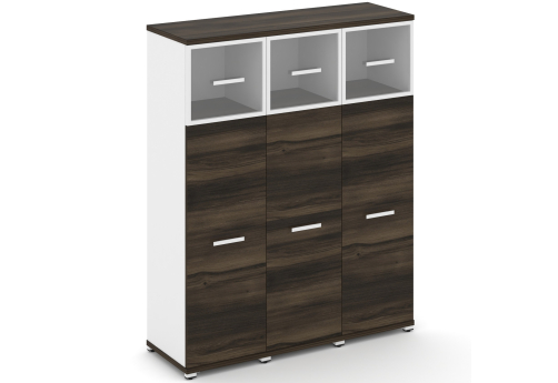 Шкаф три узкие секции 4 ниши (3 фасада ЛДСП, 3 ниши + 3 фасада стекло прозрачное в раме, 1 ниша) Динен, цвет дуб мали-белый