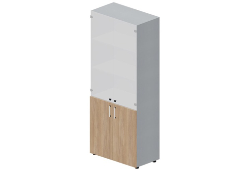 Шкаф высокий (3 полки под белым матовым стеклом) Кристо Директ, цвет светлый дуб + титан