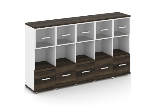 Шкаф пять узких секций 3 ниши (5 фасадов ЛДСП, 1 ниши + 5 фасадов стекло прозрачное в раме, 1 ниша) Динен, цвет дуб мали-белый