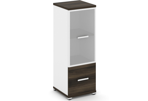 Шкаф одна узкая секция 3 ниши (фасад ЛДСП, 1 ниша + фасад стекло белое матовое в раме, 2 ниши) Динен, цвет дуб мали-белый
