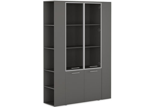Шкаф высокий широкий (3 полки под стеклом) с боковыми стеллажами Валетта Антрацит, цвет антрацит