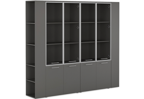 Шкаф высокий широкий (3 полки под стеклом) двойной с боковыми стеллажами Валетта Антрацит, цвет антрацит