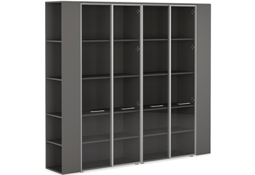 Шкаф высокий широкий со стеклом двойной с боковыми стеллажами Валетта Антрацит, цвет антрацит