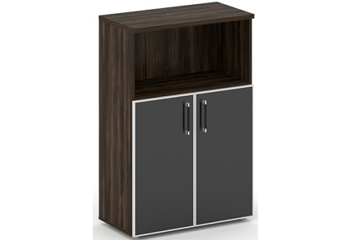 Шкаф средний широкий с отк.полкой (стекло лакобель) Брауни, цвет дуб мали + черный