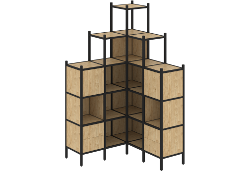 Стеллаж угловой внутренний вариант 45 Европа, цвет тиквуд светлый + черный