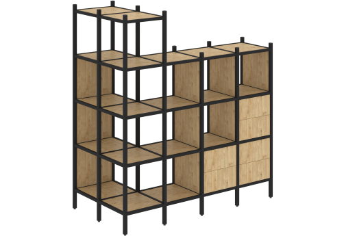 Стеллаж угловой внешний вариант 57 Европа, цвет тиквуд светлый + черный