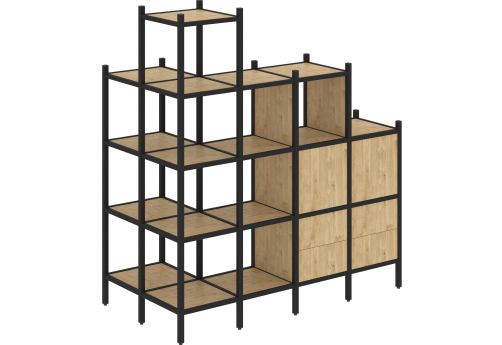 Стеллаж угловой внешний вариант 58 Европа, цвет тиквуд светлый + черный