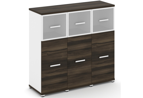 Шкаф три узкие секции 3 ниши (3 фасада ЛДСП, 2 ниши + 3 фасада стекло белое матовое в раме, 1 ниша) Динен, цвет дуб мали-белый