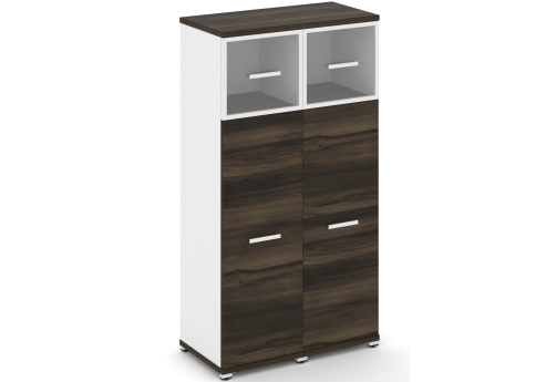 Шкаф две узкие секции 4 ниши (2 фасада ЛДСП, 3 ниши + 2 фасада стекло прозрачное в раме, 1 ниша) Динен, цвет дуб мали-белый