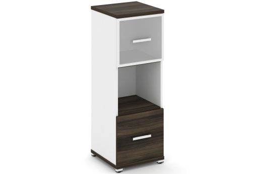 Шкаф одна узкая секция 3 ниши (фасад ЛДСП, 1 нишу + фасад стекло белое матовое в раме, 1 ниша) Динен, цвет дуб мали-белый