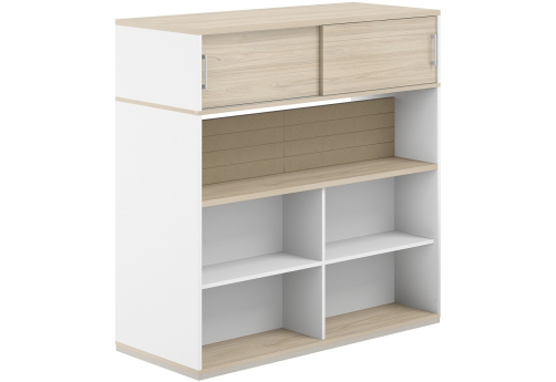 Стеллаж-комбо 2-сторонний с антресолью с экраном тканевым низким Фламинго, цвет белый + акация + бежевый