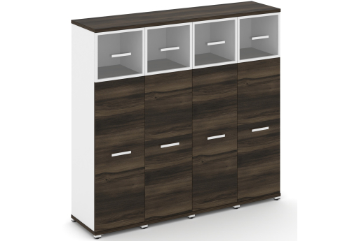 Шкаф четыре узкие секции 4 ниши (4 фасада ЛДСП, 3 ниши + 4 фасада стекло прозрачное в раме, 1 ниша) Динен, цвет дуб мали-белый