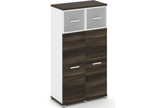 Шкаф две узкие секции 4 ниши (2 фасада ЛДСП, 3 ниши + 2 фасада стекло белое матовое в раме, 1 ниша) Динен, цвет дуб мали-белый