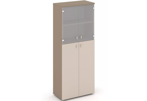 Шкаф высокий широкий (2 полки под стеклом), цвет латте + капучино