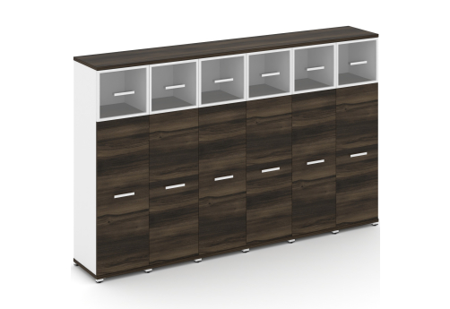 Шкаф шесть узких секций 4 ниши (6 фасадов ЛДСП, 3 ниши + 6 фасадов стекло прозрачное в раме, 1 ниша) Динен, цвет дуб мали-белый