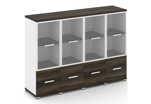 Шкаф четыре узкие секции 3 ниши (4 фасада ЛДСП, 1 ниша + 4 фасада стекло прозрачное в раме, 2 ниши) Динен, цвет дуб мали-белый