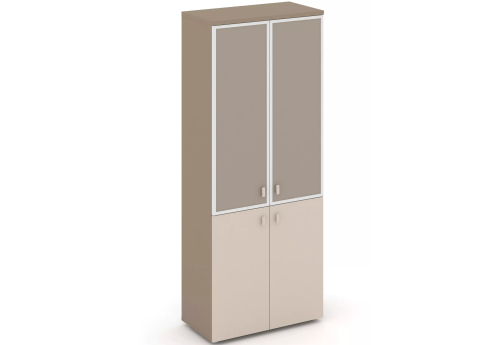 Шкаф высокий широкий (3 полки под стеклом лакобель), цвет латте + капучино
