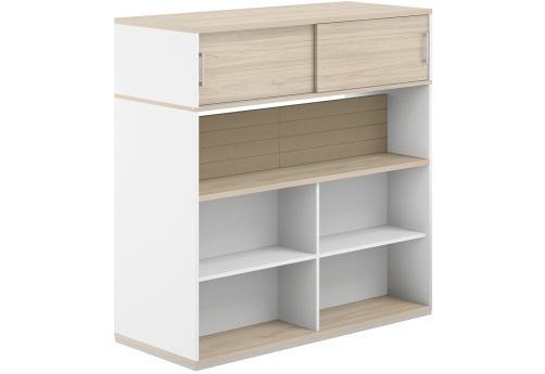 Стеллаж-комбо 2-сторонний с антресолью с экраном тканевым низким Фламинго, цвет белый + акация + бежевый