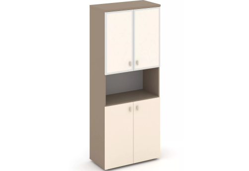Шкаф высокий широкий с нишей (2 полки под стеклом лакобель), цвет латте + сатин