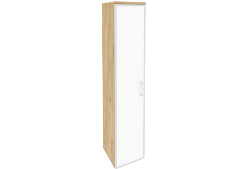 Шкаф высокий узкий левый со стеклом лакобель в раме, цвет тиквуд светлый