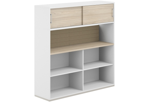 Стеллаж-комбо 1-сторонний с антресолью с экраном тканевым низким Фламинго, цвет белый + акация + бежевый