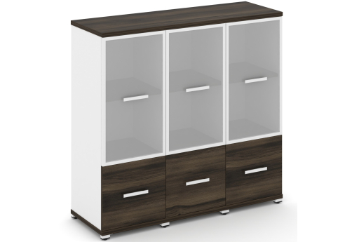 Шкаф три узкие секции 3 ниши (3 фасада ЛДСП, 1 ниша + 3 фасада стекло белое матовое, 2 ниши) Динен, цвет дуб мали-белый