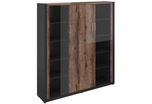 Шкаф со стеклом и гардеробом (2 стеклянные двери), цвет дуб + черный