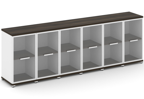 Шкаф шесть узких секций 2 ниши (6 фасадов стекло прозрачное в раме, 2 ниши) Динен, цвет дуб мали-белый