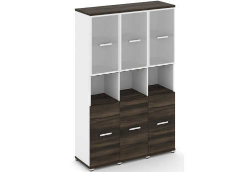 Шкаф три узкие секции 5 ниш (3 фасада ЛДСП 2 ниши + 3 фасада стекло белое матовое в раме, 2 ниши) Динен, цвет дуб мали-белый