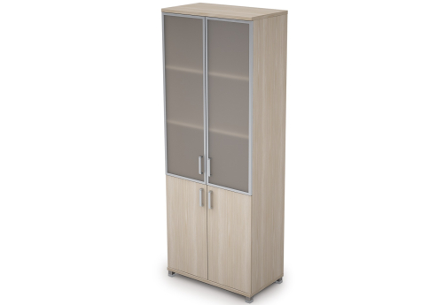 Шкаф высокий широкий (3 полки под стеклом в раме), цвет шамони светлый