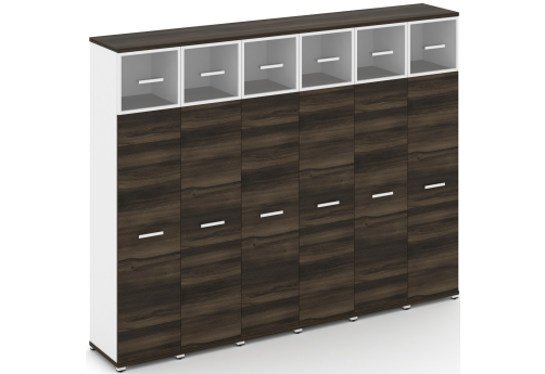 Шкаф шесть узких секций 5 ниш (6 фасадов ЛДСП, 4 ниши + 6 фасадов стекло прозрачное в раме, 1 ниша) Динен, цвет дуб мали-белый