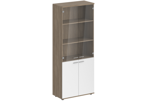 Шкаф высокий 4 двери со стеклом с задней стенкой HDF Индиго Вуд, цвет дуб темный + белый