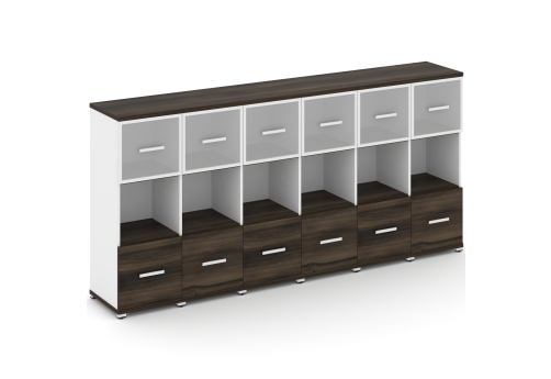 Шкаф шесть узких секций 3 ниши (6 фасадов ЛДСП, 1 ниши + 6 фасадов стекло белое матовое в раме, 1 ниша) Динен, цвет дуб мали-белый